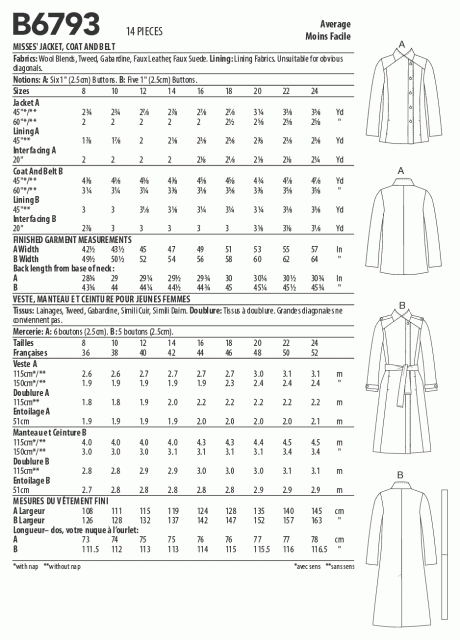 Butterick B6793 Misses' Jacket, Coat & Belt