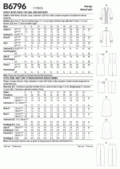 Butterick B6796 Misses' Jacket, Dress, Top, Skirt & Pants