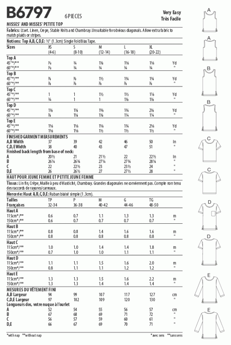 Butterick B6797 Misses' & Misses' Petite Scoop-neck Tops