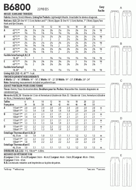 Butterick B6800 Misses' Four-Pocket Jeans & Trousers