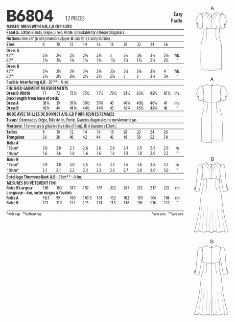 Butterick B6804 Misses' Dress with A/B, C, D Cup Sizes