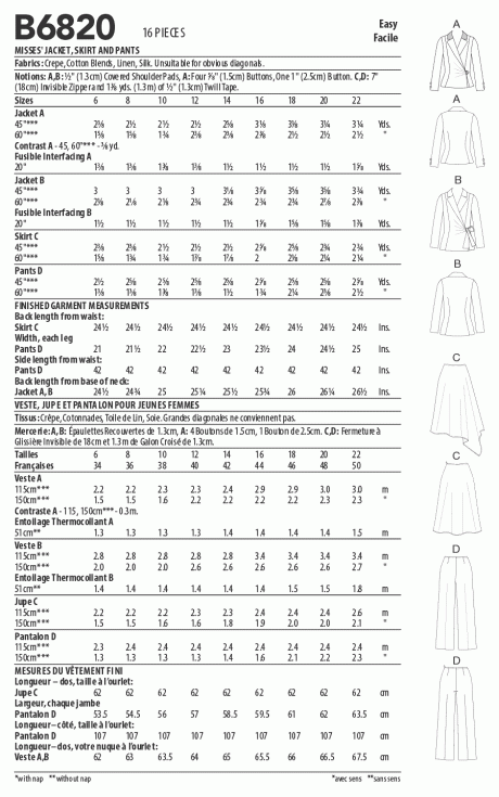 Butterick B6820 Misses' Jacket, Skirt & Pants