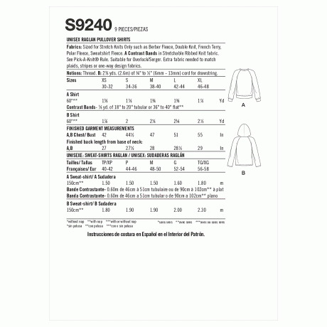 Simplicity Sewing Pattern S9240 Unisex Raglan Pullover Shirts