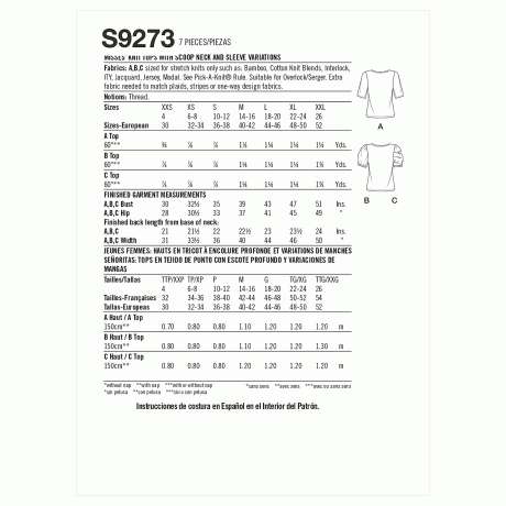 Simplicity Sewing Pattern S9273 Misses' Knit Tops With Scoop Neck & Sleeve Variations