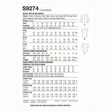 Simplicity Sewing Pattern S9274 Misses' Tops In Two Lengths