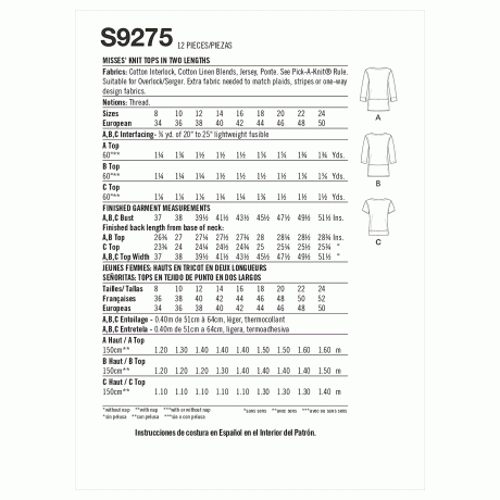 Simplicity Sewing Pattern S9275 Misses' Knit Tops In Two Lengths