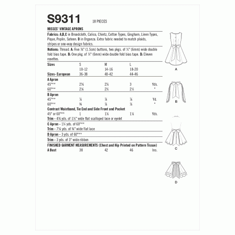 Simplicity Sewing Pattern S9311 Misses' Vintage Aprons