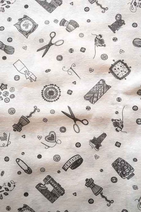 Polycotton canvas with haberdashery print