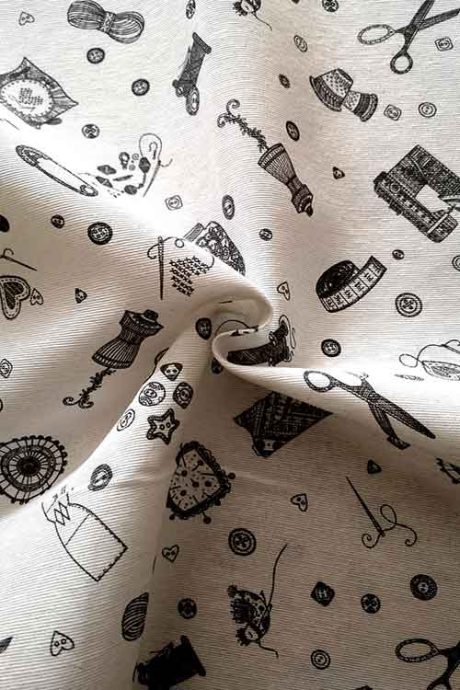 Polycotton canvas with haberdashery print
