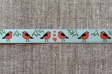 Robin and mistletoe ribbon, turquoise (16mm)
