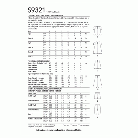 Simplicity Sewing Pattern S9321 Children's Tucked Tops, Dresses, Shorts and Pants