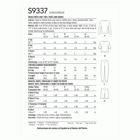 Simplicity Sewing Pattern S9337 Unisex Knits Only Tops, Pants and Shorts