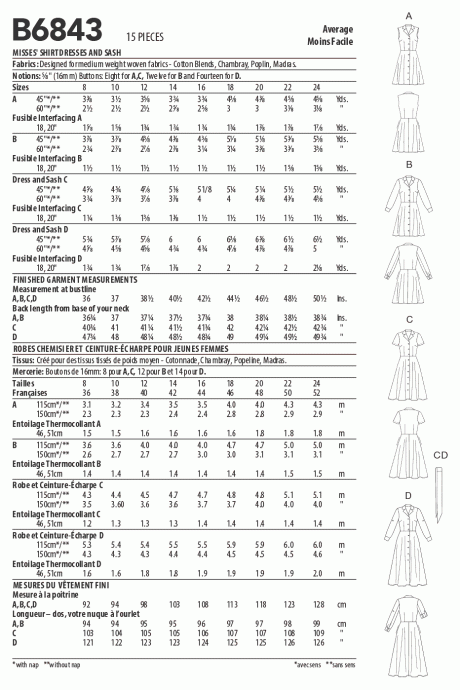 B6843 Misses' Shirtdresses & Sash