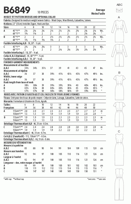 B6849A Misses' Fit Pattern Dresses & Optional Collar