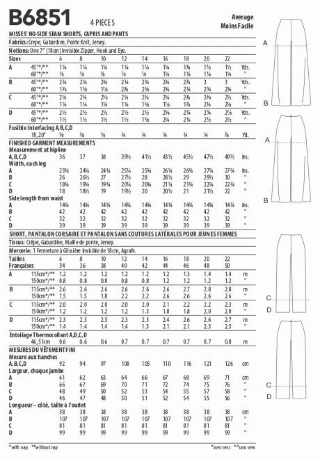 B6851A Misses' No-Side-Seam Shorts, Capris & Pants