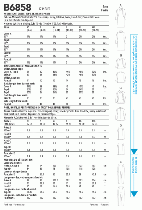 B6858 Misses' Knit Dress, Tops, Skirt and Pants