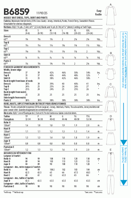 B6859 Misses' Knit Dress, Tops, Skirt and Pants