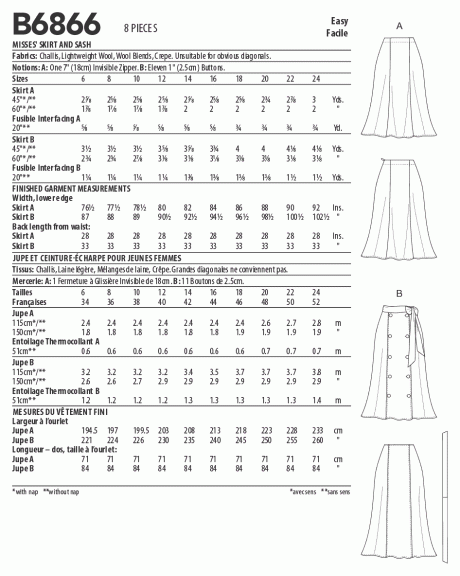 B6866 Misses' Skirt and Sash