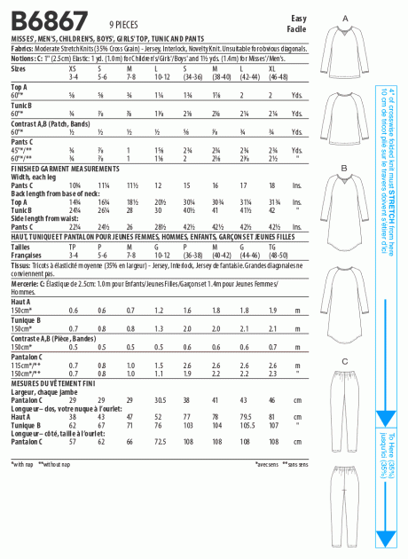 B6867A Misses', Men's, Children's, Boys', Girls' Top, Tunic and Pants