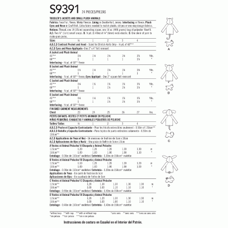 Simplicity Sewing Pattern S9391 Toddlers' Jackets and Small Plush Animals
