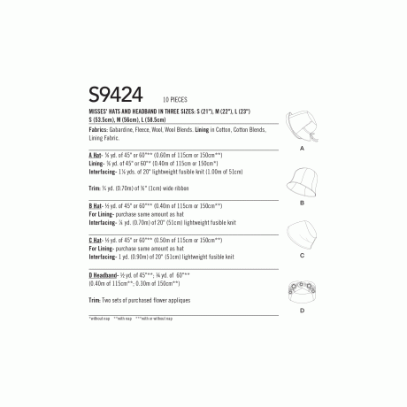 S9424 Misses' Hats and Headband in Three Sizes - Image 2