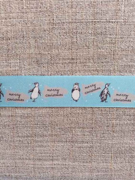 Merry Christmas Penguin Ribbon, light blue, 25mm