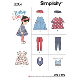 S8304A Simplicity Pattern 8304 Babies', Leggings, Top, Dress, Bibs and Headband in thress sizes S(17") M(18") L(19")