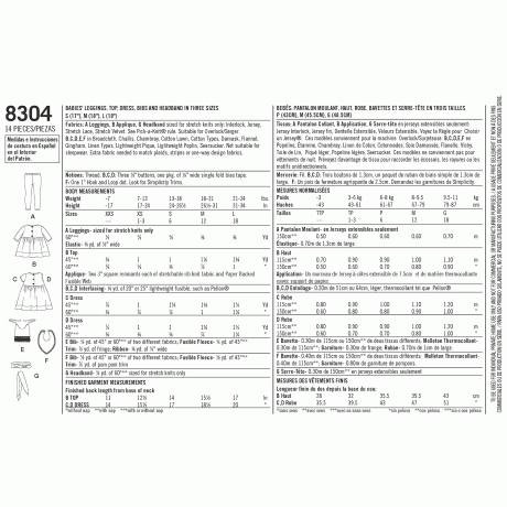 S8304A Simplicity Pattern 8304 Babies', Leggings, Top, Dress, Bibs and Headband in thress sizes S(17") M(18") L(19")