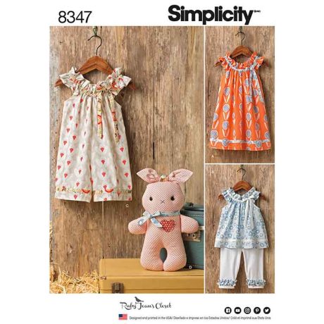 S8347A Simplicity Pattern 8347 Toddlers' dress, top and knit capris, and stuffed bunny