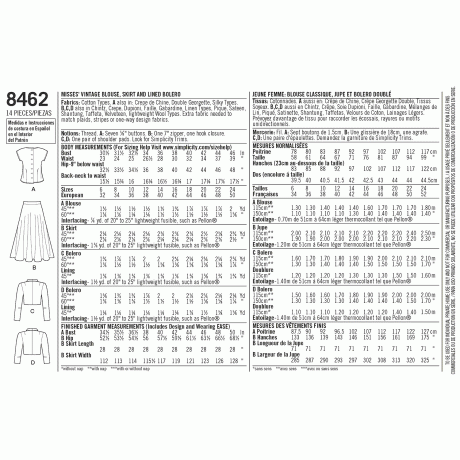 S8462 Pattern 8462 Womens Vintage Blouse, Skirt and Lined Bolero