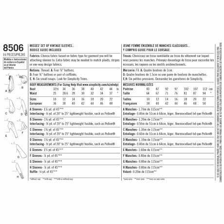 S8506A Simplicity Pattern 8506 Misses' Vintage Set of Sleeves