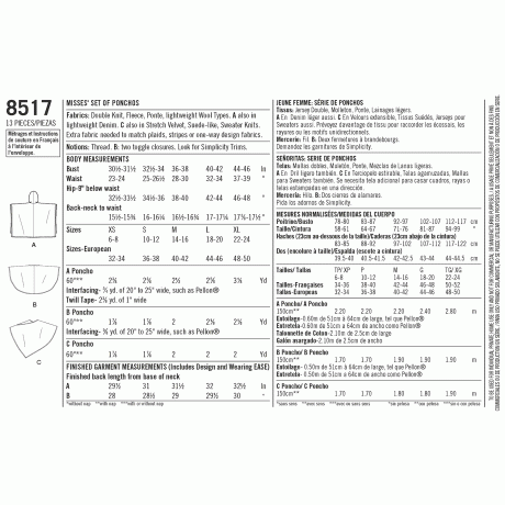 S8517A Simplicity Pattern 8517 Misses' Set of Ponchos