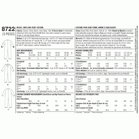 S8722A Pattern 8722 Women's, Men's and Teens' Costume