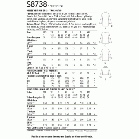 S8738A Pattern 8738 Women's Knit Mini Dress, Tunic or Top
