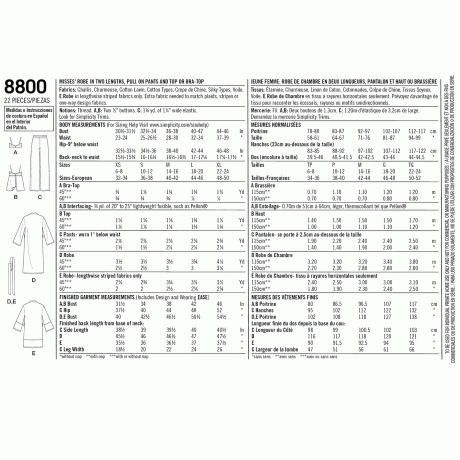 S8800A Pattern 8800 Misses' Robe, Pants, Top and Bralette