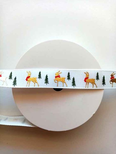 Reindeer white grosgrain Christmas ribbon, 16mm x 5m roll