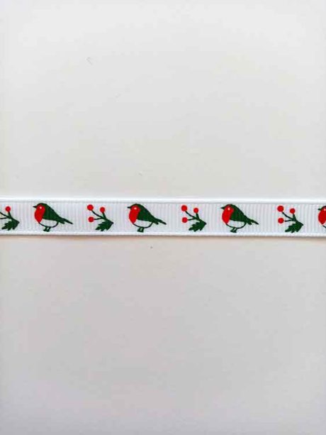 Robin white grosgrain Christmas ribbon, 9mm x 5m roll