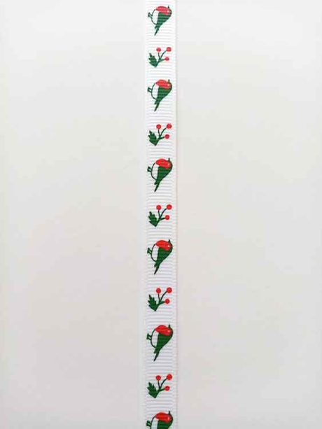 Robin white grosgrain Christmas ribbon, 9mm x 5m roll - Image 2