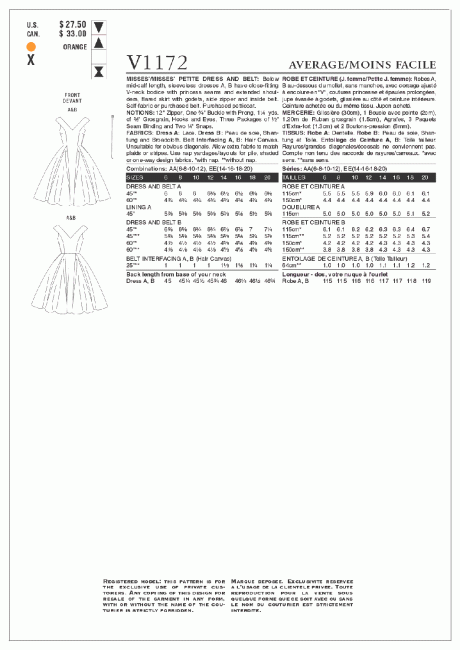 V1172 Misses'/Misses' Petite Dress and Belt