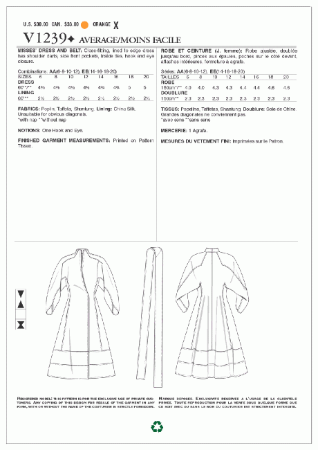 V1239 Misses' Dress and Belt