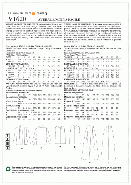 V1620 Misses' Jacket, Top and Pants