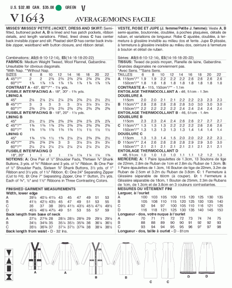 V1643 Misses'/Misses' Petite Jacket, Dress and Skirt