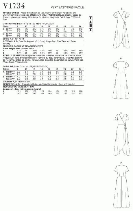 V1734 Misses' Wrap Dresses with Ties, Sleeve and Length Variations
