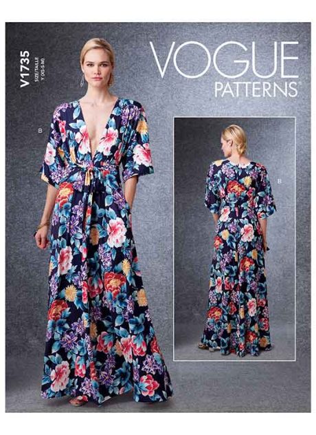 V1735 Misses' Deep-V Kimono-Style Dresses with Self-Tie