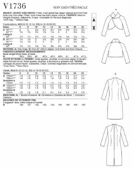 V1736 Misses' Lined Raglan-Sleeve Jacket and Funnel-Neck Dress