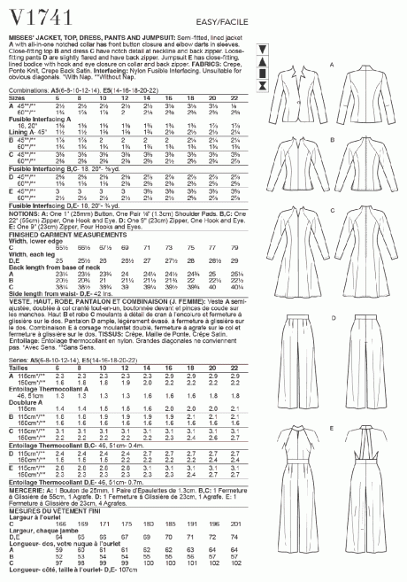 V1741 Misses' Jacket, Top, Dress, Pants and Jumpsuit