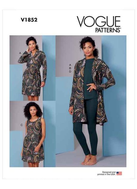 V1852 Misses' and Misses' Petite Wrap Robe, Belt, Top, Dress and Pants