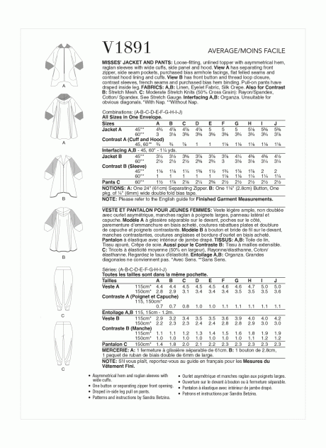 V1891A Misses' Jacket and Pants by Sandra Betzina