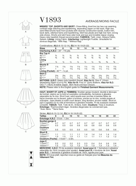 V1893 Misses' Top, Shorts and Skirt