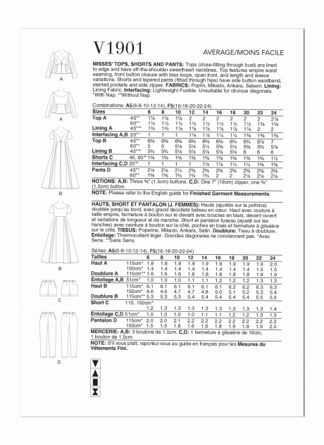 V1901 Misses' Tops, Shorts and Pants